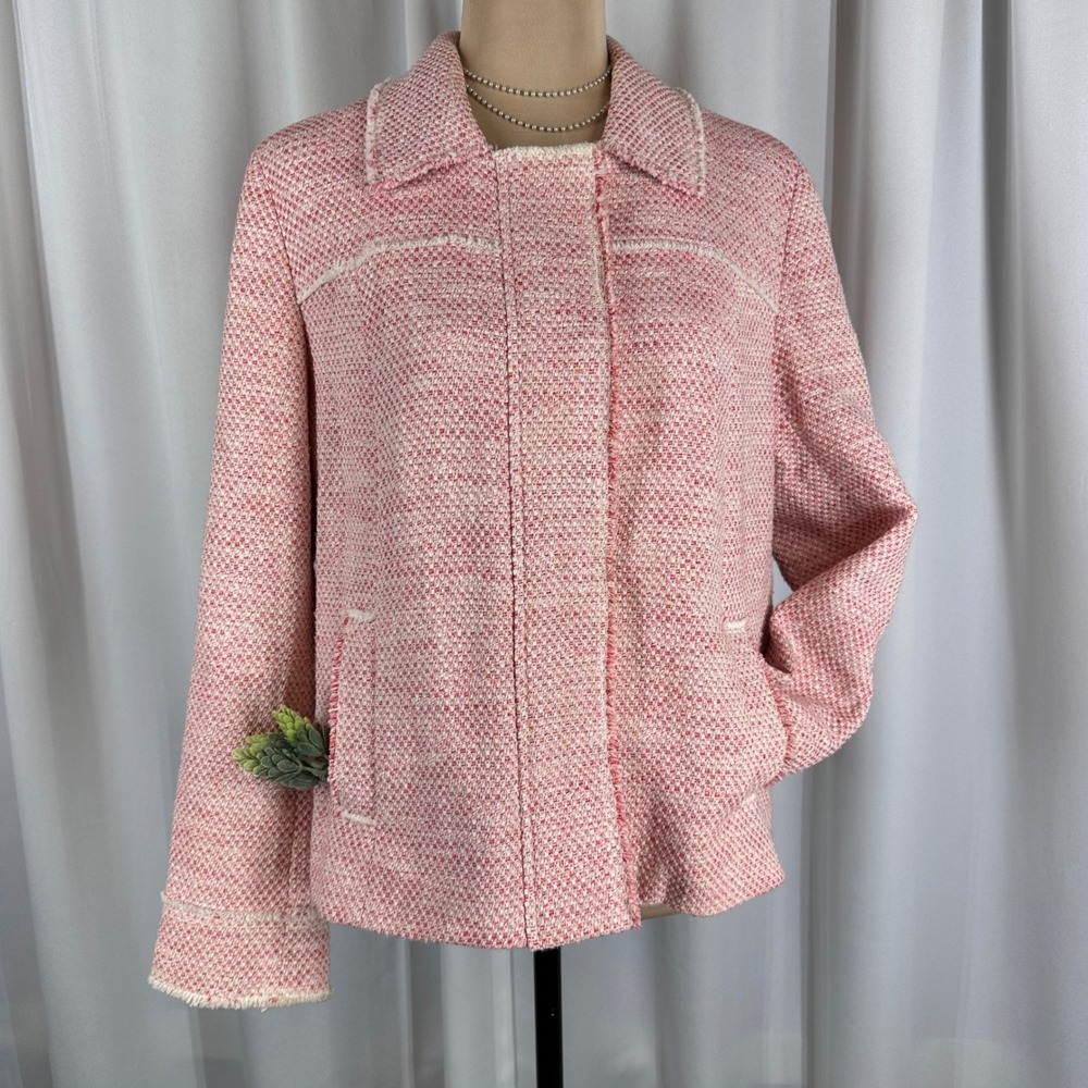 J.Jill Womens Pink White Tweed Fringe Trim Zip Front Jacket‎ Large Petite LP